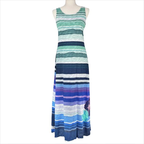 DESIGUAL Beachy Striped Sleeveless Maxi Dress w/ Flowers Sz L Blue Green Purple - Picture 1 of 8